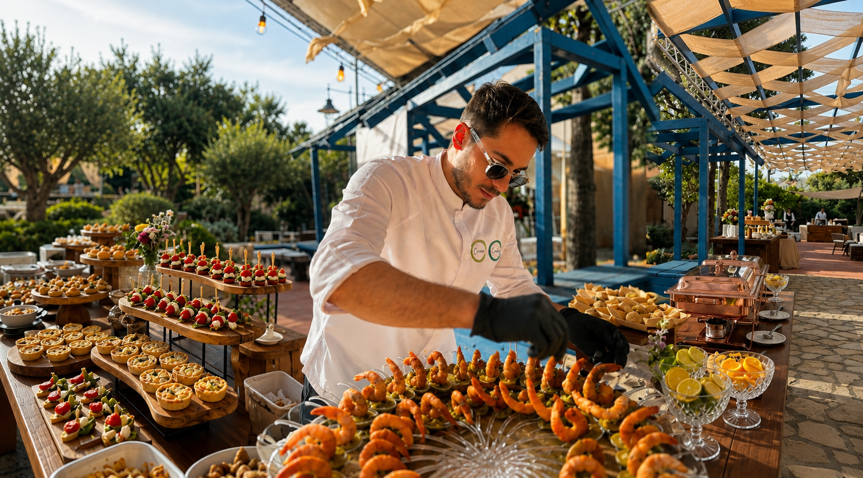 Chef de Cucinani montando estación de catering premium con mariscos y canapés